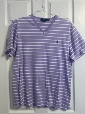 Polo by Ralph Lauren Lavender and White Striped V-Neck Tee
